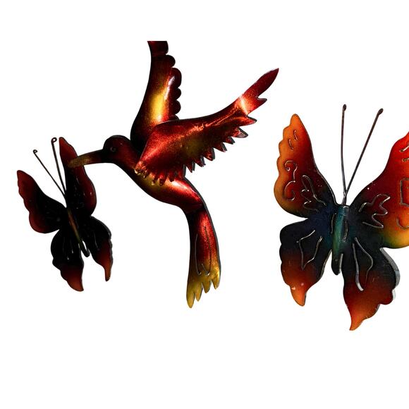 Made in Mexico Metal Wall Art | Hummingbird & Butterfly Trio | Rustic Garden - Picture 2 of 11